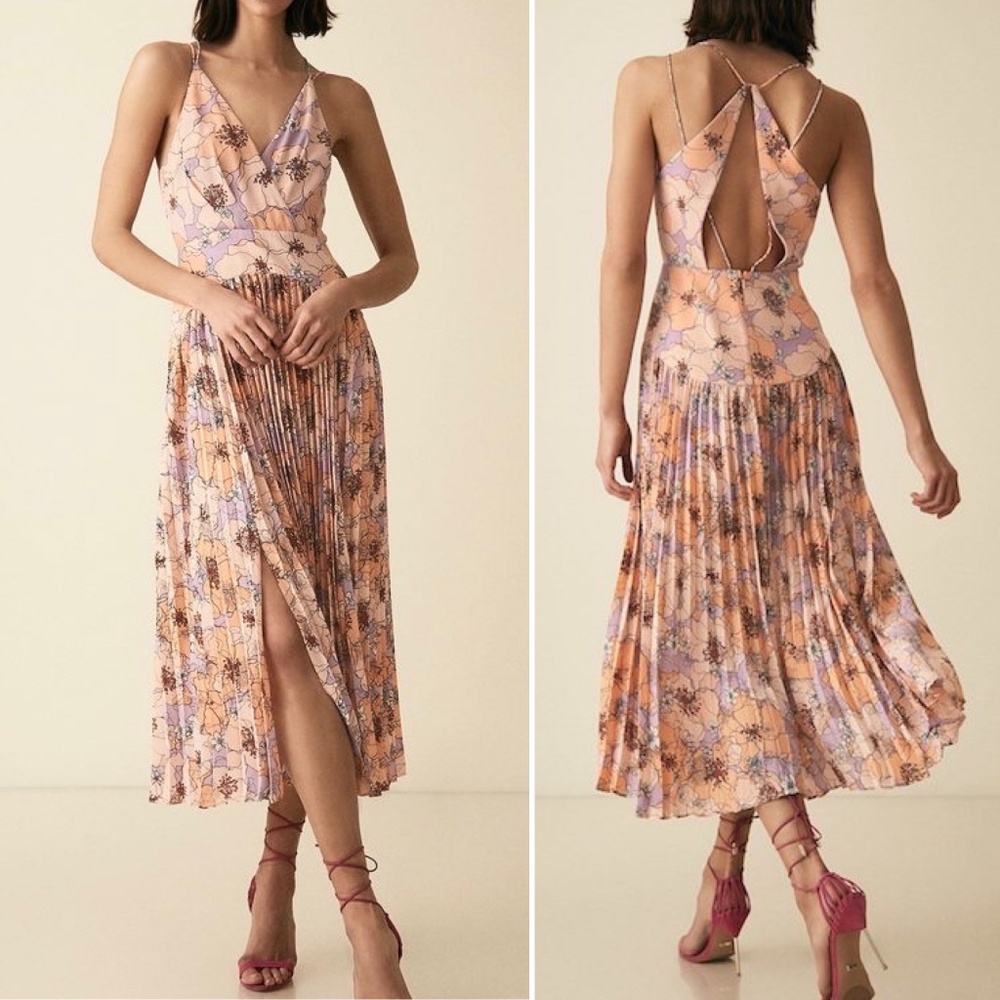 Reiss Peach and Lavender Floral Pleated Midi Dress